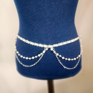 Silver Pearls Ribbon Layered Waist Chain Link Belt Adjustable